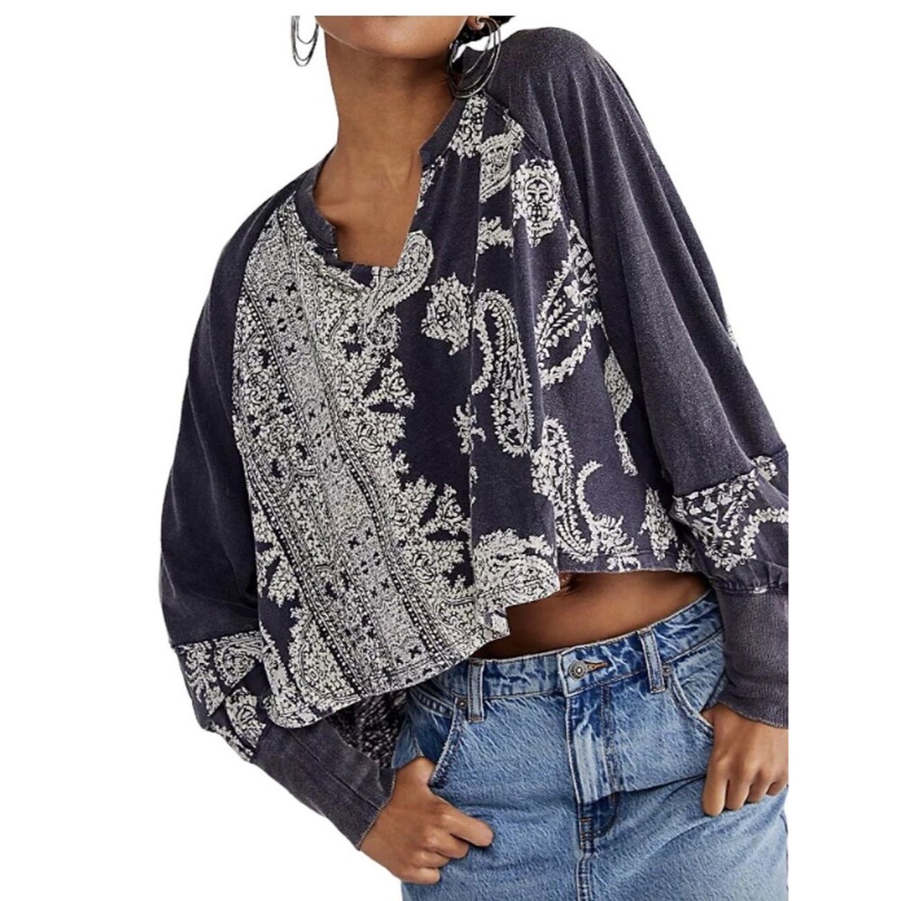 Free People True Perfection Tee Smokey Sapphire Boho Flowy Long Sleeve Small